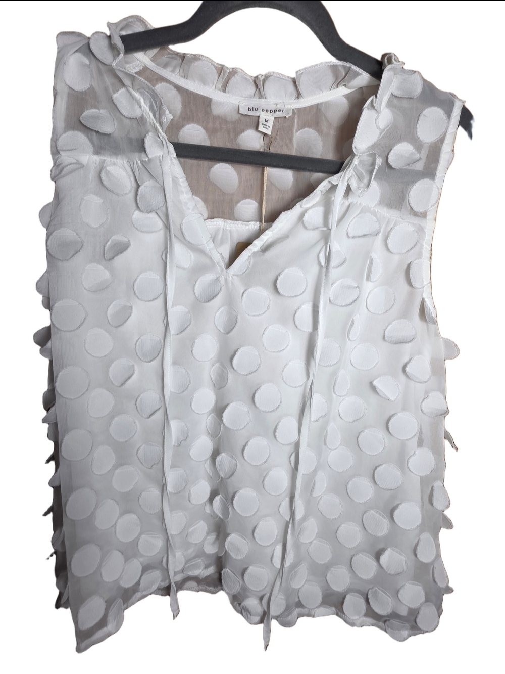 Blu Pepper White Sleeveless Polka Dot Tie-Front V-Neck Blouse Medium Modern Y2K
